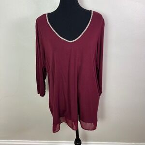 Rose Olive 1X Burgundy V Neck Rhinestone Trim 3/4 Sleeve Sheer Hem Tunic Top